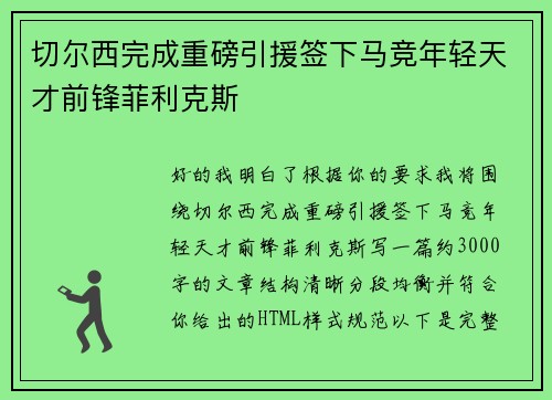 切尔西完成重磅引援签下马竞年轻天才前锋菲利克斯