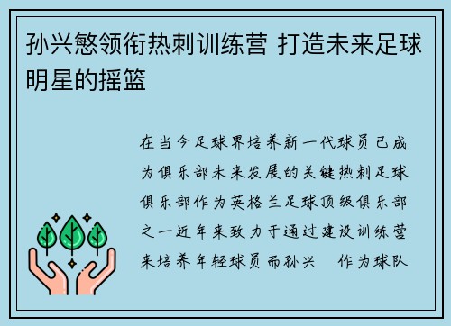 孙兴慜领衔热刺训练营 打造未来足球明星的摇篮